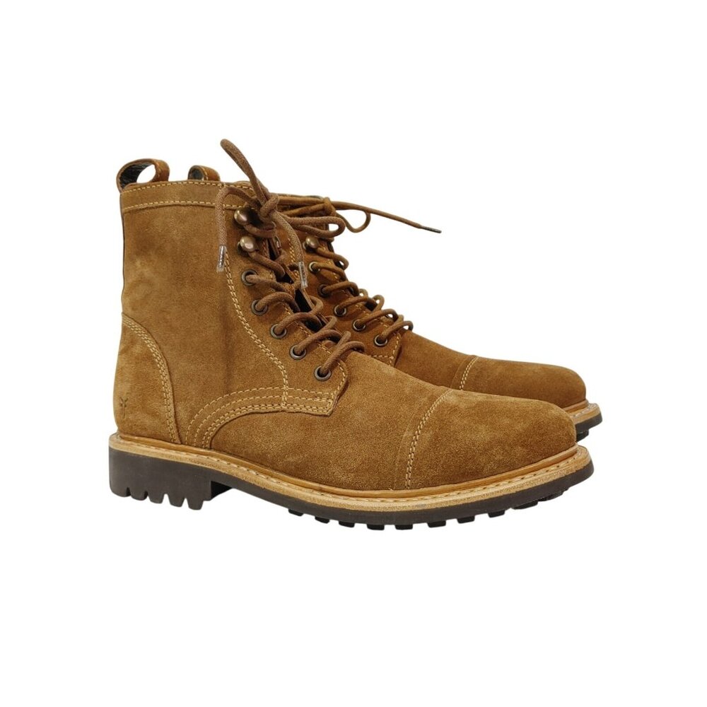 Frye Russell Tan Leather Suede Cap Toe Boots Lace / Side Zip Closure Sz Men's 8